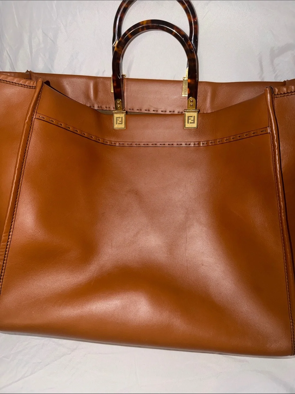 Fendi Cognac Leather ROMA Tote with Tortoiseshell Handles
